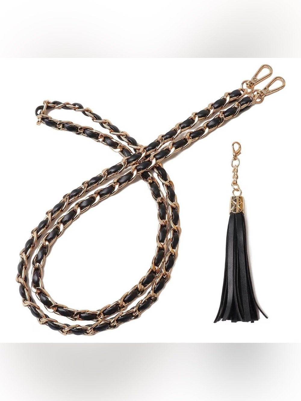 Strap Chanel Style Gold Chain Purse Strap with Faux Black Leather Trim w/ Tassel